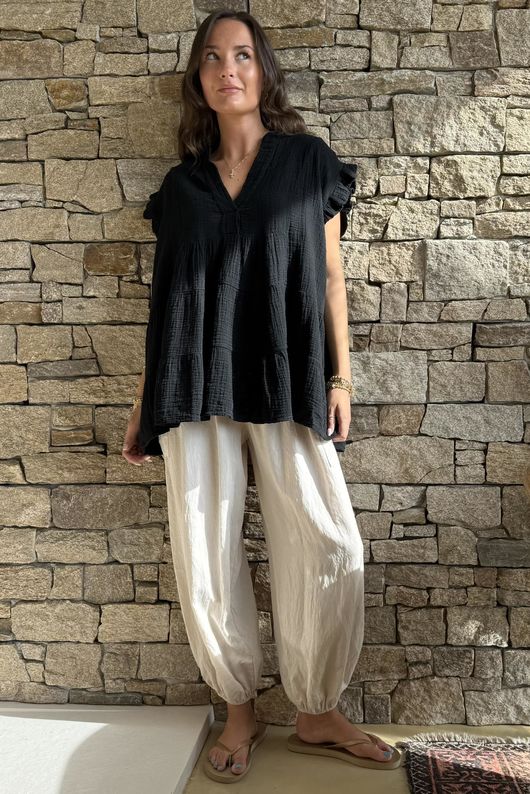 Tasha Cushion Cotton Cap Sleeve Tier Top Black